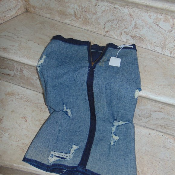Cheyann Benedict Dark Wash Blue Denim Jean Straight Pencil Skirt Distressed 26"W - Picture 7 of 7